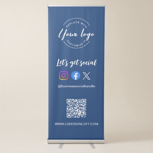 Blue Lets Get Social Media QR code website logo Retractable Banner