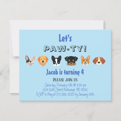 Blue Lets Pawty Puppy Boy Birthday Party Invitation