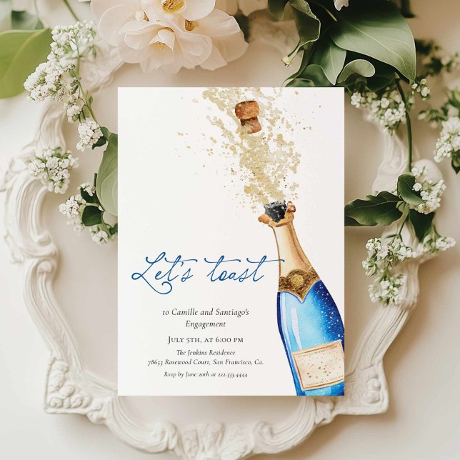 Blue Let's Toast Couples Engagement Party Invitation (Blue Let's Toast Engagement party invitation)