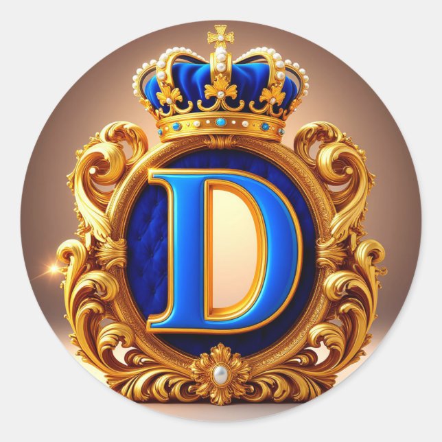 👑 Blue Letter D Crown Monogram Round Label  (Front)