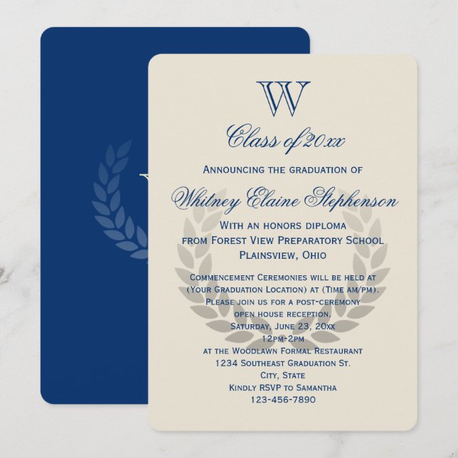 Blue Letter Monogram Classic College Graduation Invitation (Front/Back)