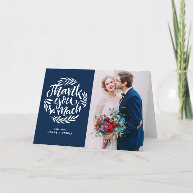 Blue | Lettering Wreath Wedding Thank You Card (Front)