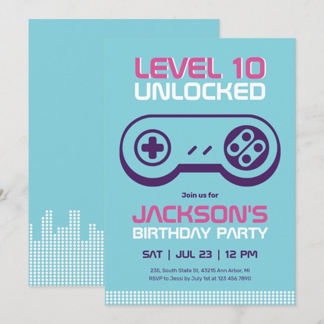 Blue Level Unlocked Gamer Boy Birthday Invitation (Front/Back)