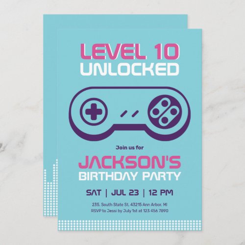 Blue Level Unlocked Gamer Boy Birthday Invitation