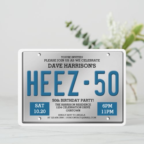 Blue License Plate 50th Birthday Party Invitations