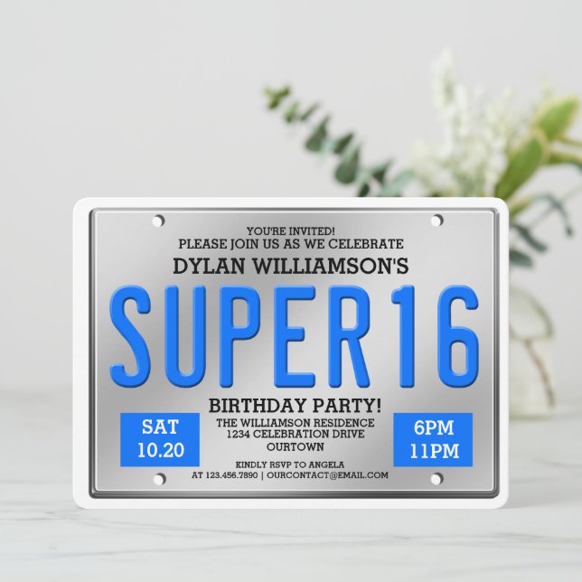 Blue License Plate Super 16 Party Invitations (Standing Front)