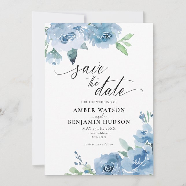 Blue Light Baby Blue Modern Floral Save The Date Invitation (Front)