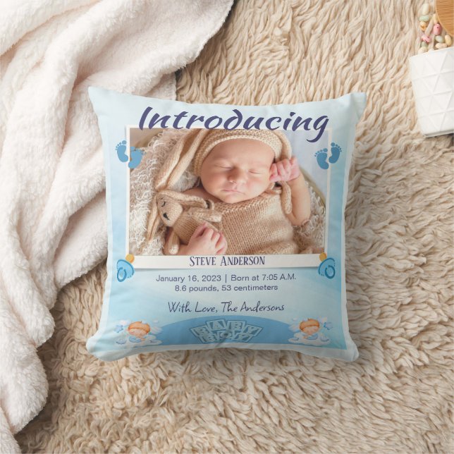Blue Light Birth Announcement Personalize Throw Pillow (Blanket)