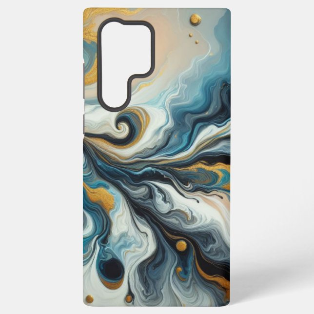 Blue, Light Blue, Gold Paint Pour Swirls Samsung Galaxy Case (Back)