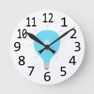 Blue Light Bulb Wall Clocks, large black numbers Round Clock