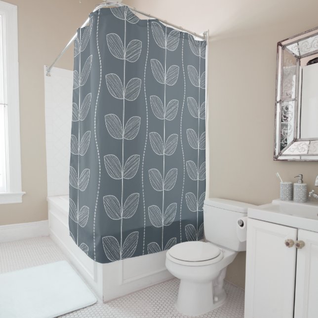 Blue & Light Gray Stylized Flowers Pattern Shower Curtain (In Situ)