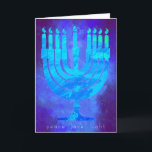 Blue Light Hanukkah Holiday Card with Menorah<br><div class="desc">Beautiful blues seem to glow on this Happy Hanukkah holiday card. Below the Menorah are the words: peace love light. The inside greeting reads: With warmest wishes at Hanukkah for peace in your home, in your heart, and throughout the world. Happy Hanukkah! Easily add your name below the pre set...</div>