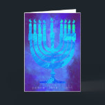 Blue Light Hanukkah Holiday Card with Menorah<br><div class="desc">Beautiful blues seem to glow on this Happy Hanukkah holiday card. Below the Menorah are the words: peace love light. The inside greeting reads: With warmest wishes at Hanukkah for peace in your home, in your heart, and throughout the world. Happy Hanukkah! Easily add your name below the pre set...</div>