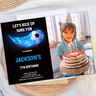 Blue Light Soccer Birthday Invitation with Photo
