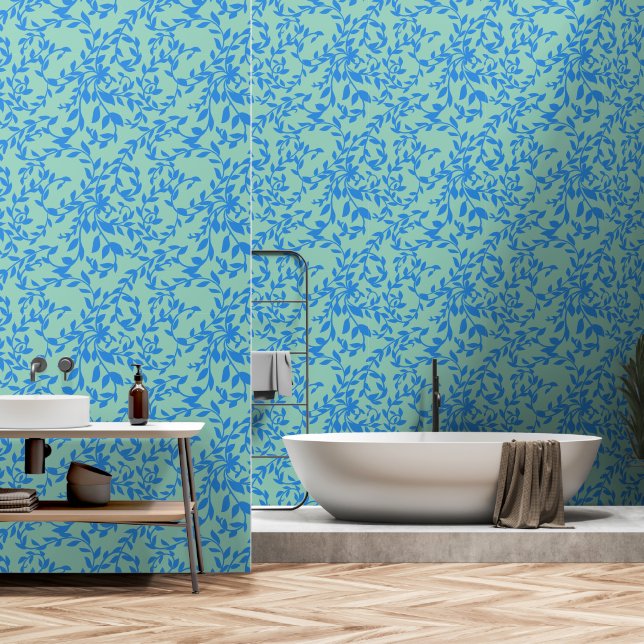 Blue Light Teal Leaves Botanical Floral Wallpaper (Bathroom)