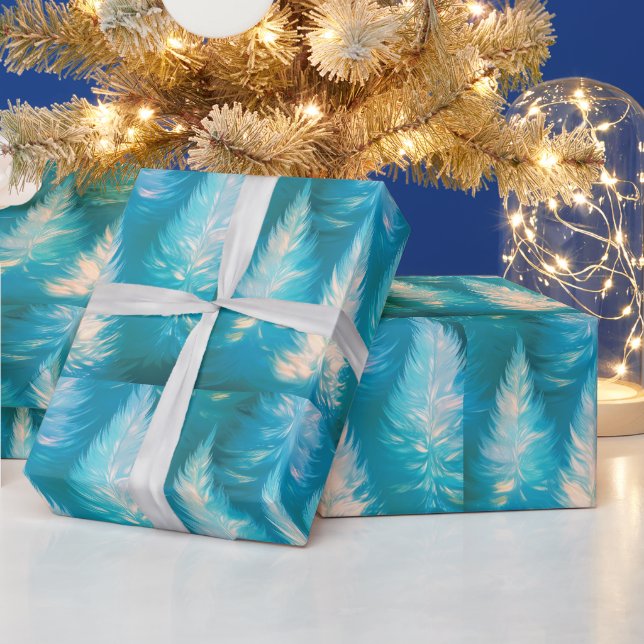 Blue Light Trees Modern Christmas Wrapping Paper (Holidays)