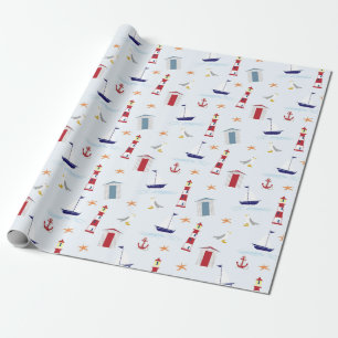 Blue Lighthouse Beach Wrapping Paper