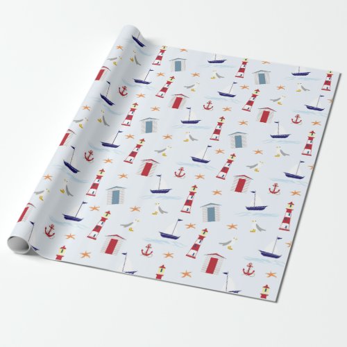 Blue Lighthouse Beach Wrapping Paper