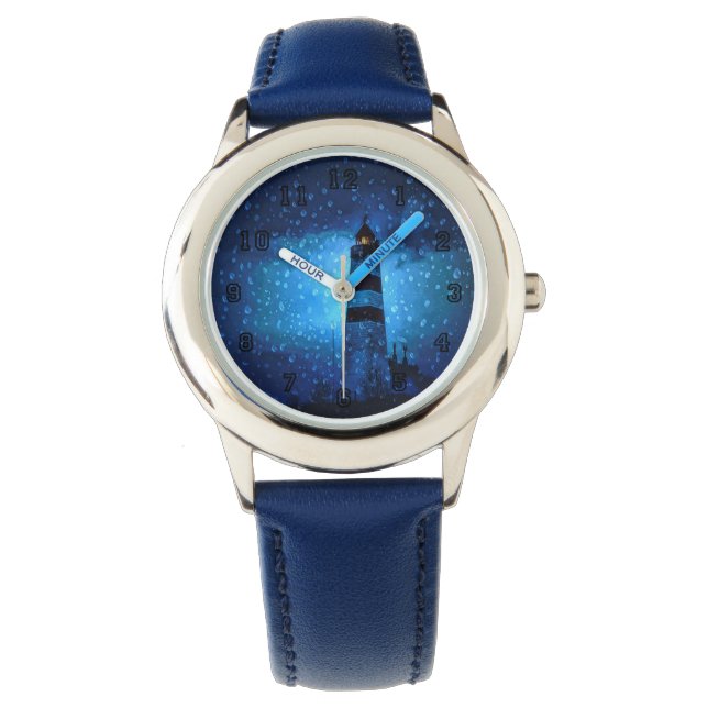Blue lighthouse by night with raindrops watch (Front)