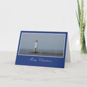 Blue Lighthouse Christmas Holiday Card
