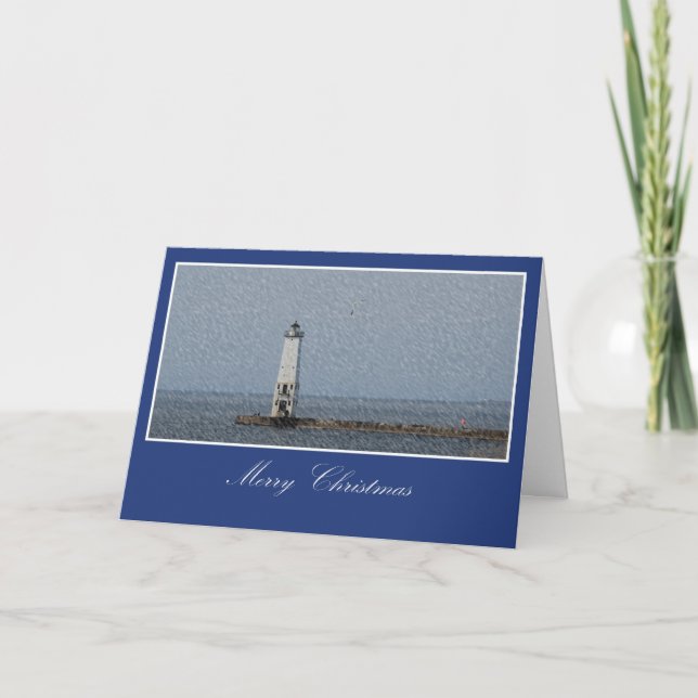 Blue Lighthouse Christmas Holiday Card (Front)