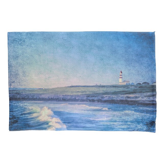 Blue lighthouse in evening and ocean waves pillow case (Front)