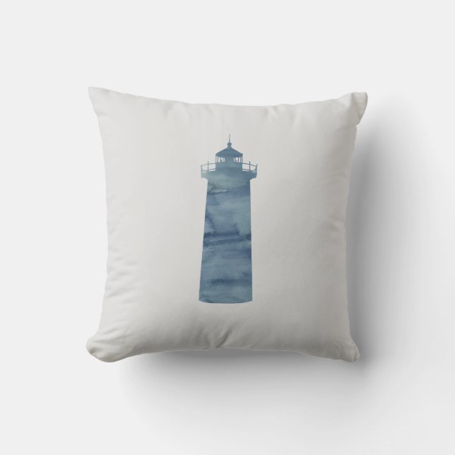 Blue Lighthouse Painting Nautical Throw Pillow (Front)