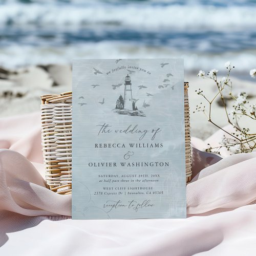 Blue Lighthouse & Seagulls Nautical Beach Wedding
