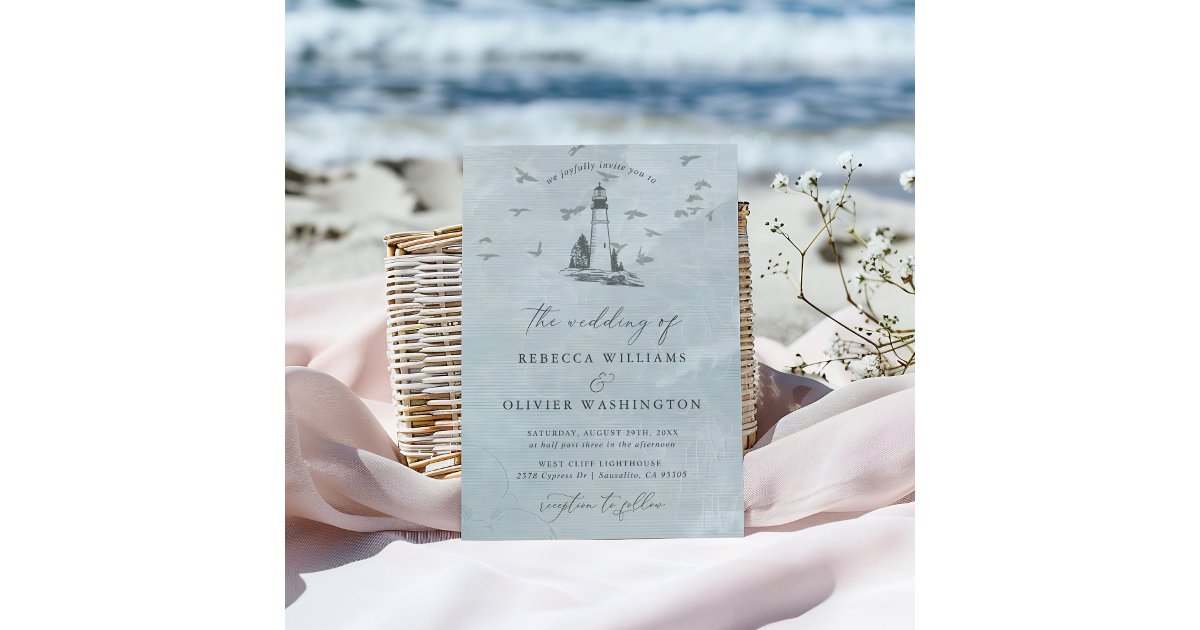 Blue Lighthouse & Seagulls Nautical Beach Wedding Invitation | Zazzle