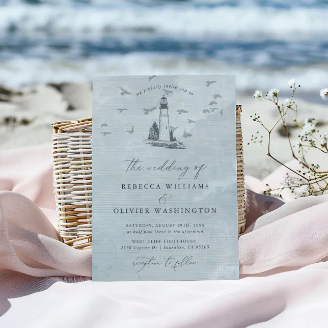 Blue Lighthouse & Seagulls Nautical Beach Wedding Invitation | Zazzle