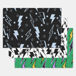 Blue Lightning Black Background Y2K Pattern Wrapping Paper Sheets