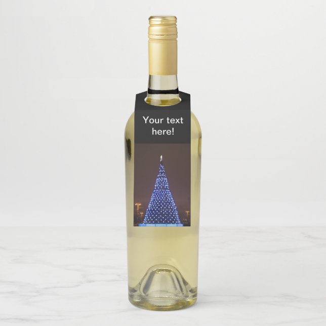 Blue lights Christmas tree Bottle Hanger Tag (On Bottle)