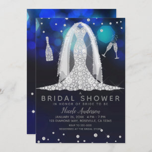 Blue Lights Diamond Wedding Dress Bridal Shower Invitation