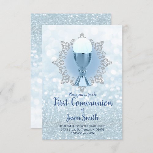 blue lights first communion chalice host invitation