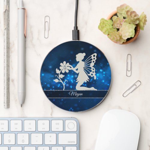 Blue Lights Silver Fairy Tending Flower Wireless Charger