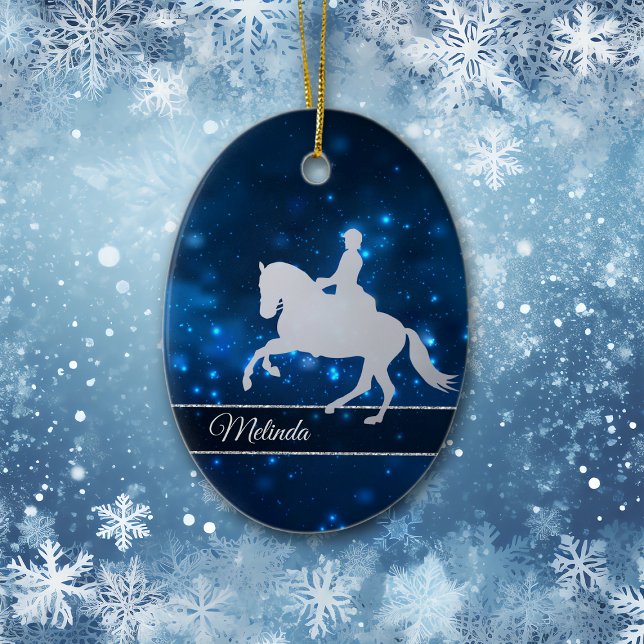 Blue Lights Silver Silhouette Equestrian Rider Ceramic Ornament (Creator Uploaded)