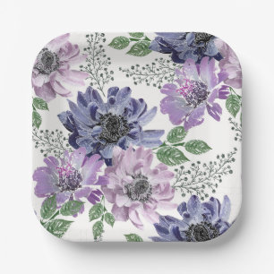 Blue, lilac flowers on a white background. paper plates