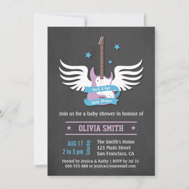 Blue Lilac Guitar Rock a Bye Baby Shower Custom Invitation (Front)