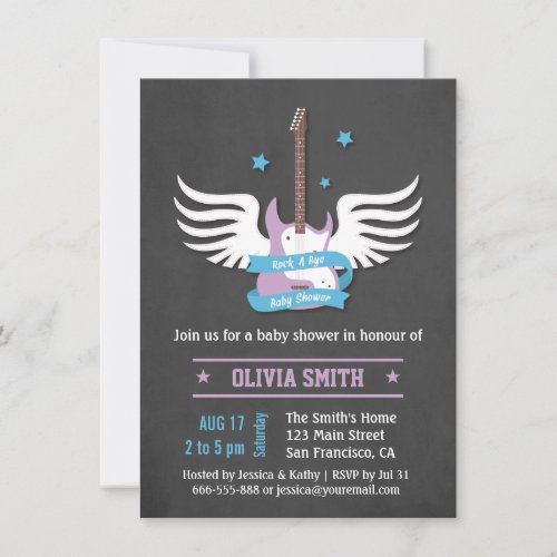 Blue Lilac Guitar Rock a Bye Baby Shower Custom Invitation