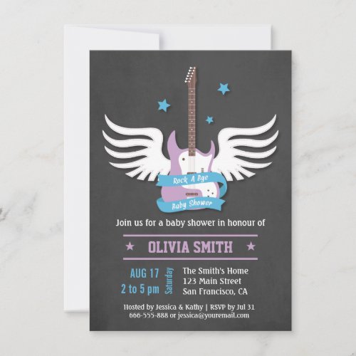 Blue Lilac Guitar Rock a Bye Baby Shower Invitation
