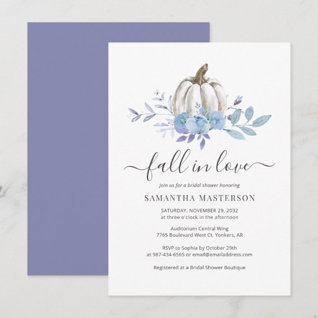 Blue Lilac Pumpkin Fall in Love Bridal Shower Invitation (Front/Back)