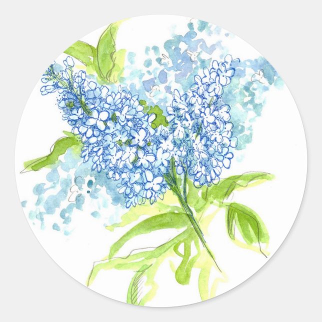 Blue Lilac Spring Bouquet Watercolor Flowers Classic Round Sticker (Front)