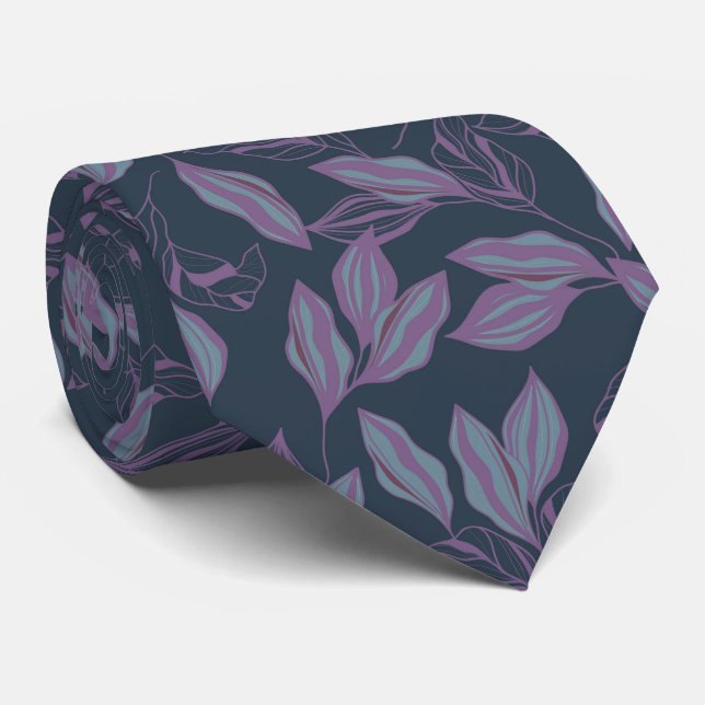 Blue Lilac Stylized Leaves Pattern Necktie (Rolled)