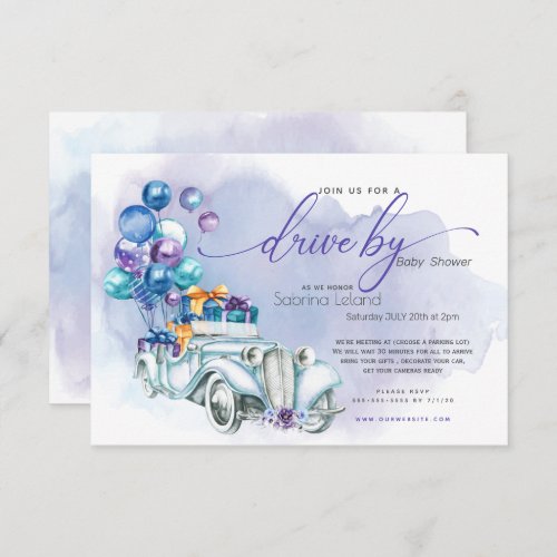 Blue Lilac Vintage Car Drive_By Baby Shower Invitation