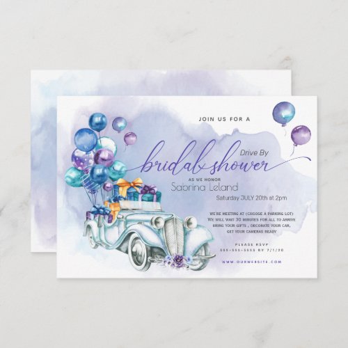 Blue Lilac Vintage Car Drive_By Bridal Shower Invitation