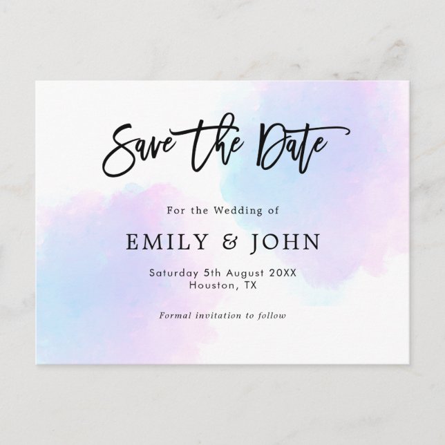 Blue/Lilac Watercolor/Script Wedding Save The Date Postcard (Front)