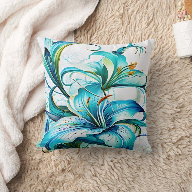 Blue Lilies in Artistic Floral Arrangement Throw Pillow (Blanket)