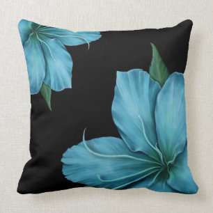Blue Lilies on Black Throw Pillow