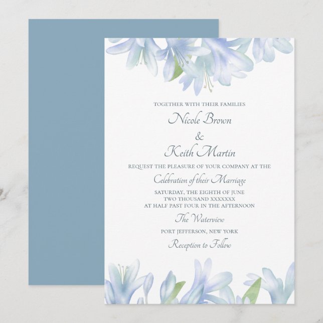 Blue Lilies Watercolor Wedding Invitation (Front/Back)