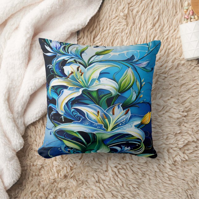 Blue Lily Floral Design With Swirling Patterns Throw Pillow (Blanket)